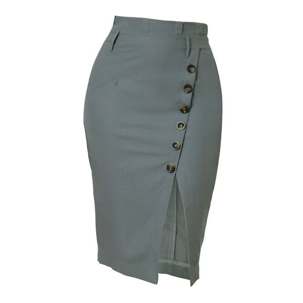 Falda de tubo corta Allegra K vintage con cinturón y abertura con botones decorativos para mujer Verde gris XS