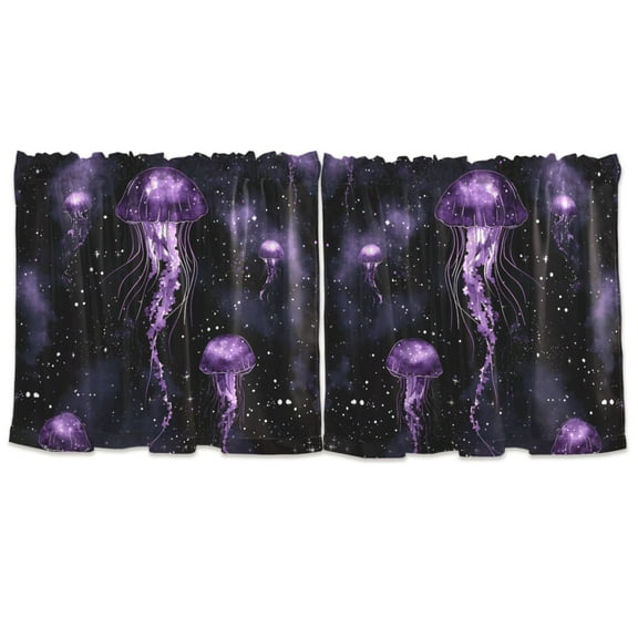 Glow in The Dark Jellyfish Tier Curtains for Kitchen 57x24 Inch Semi Sheer Light Filtering Half Window Curtains 2 Panels