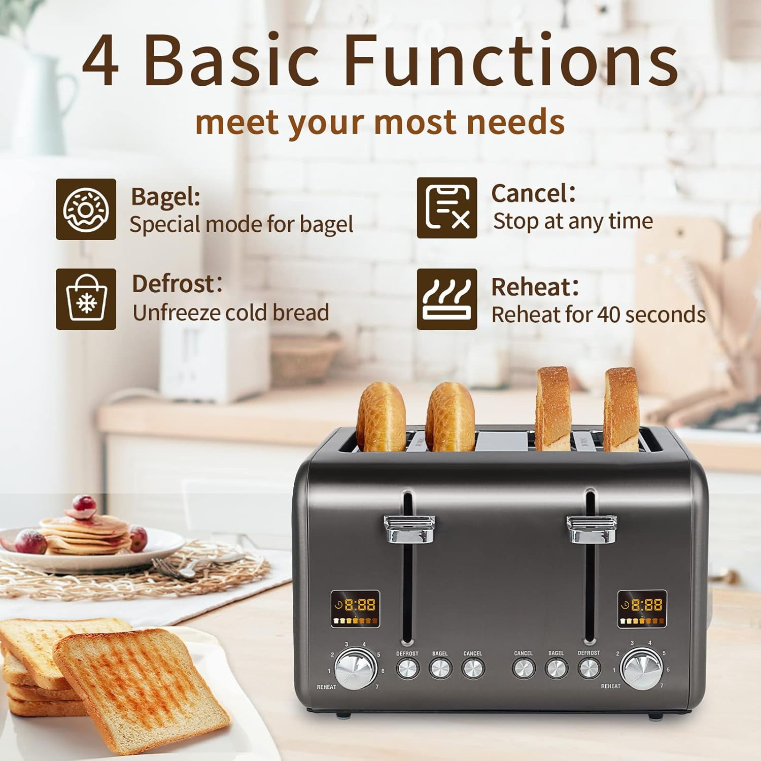4 Slice Stainless Toaster with LCD Display, 7 Shade Settings, Wide Slots, Bagel/Defrost/Reheat Functions, Removable Crumb Tray, 1800W