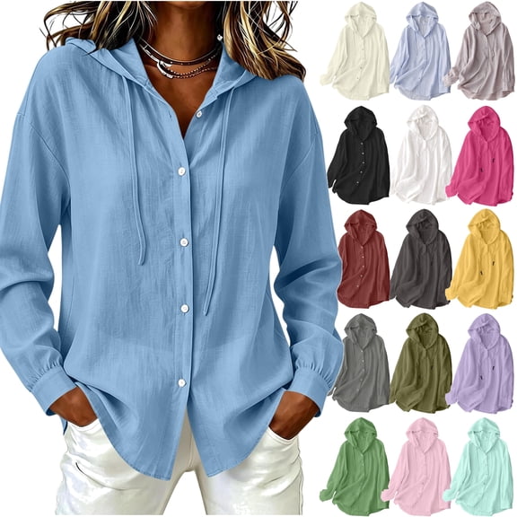JPVDPA Womens Cotton Linen Hoodies Sun Protection Lightweight Beach Shirt Long Sleeve Button Down Sun Shirts Cover Ups Purple XL