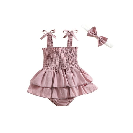 

aturustex Newborn Baby Girl Ruffle Strap Romper Sleeveless Pleated Floral Skirt Bodysuit Tie Up Overalls Headband Summer Clothes (0-24 Months)