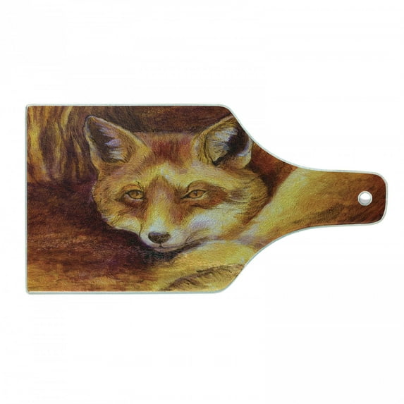 Fox Cutting Board, Monochromatic Fox Resting Painting Style Display Vibrant Animal Art, Decorative Tempered Glass Cutting and Serving Board, Wine Bottle Shape, Burnt Sienna Orange, by Ambesonne