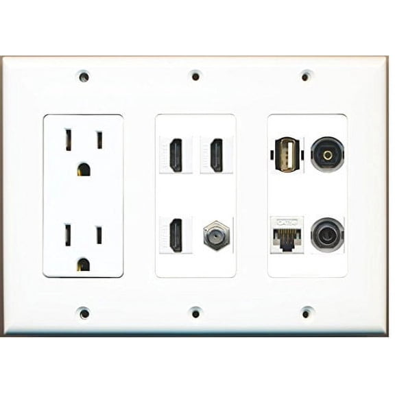 RiteAV (3 Gang 15A Power Outlet 3 HDMI Coax Cat5e White 3.5mm Toslink USB Wall Plate