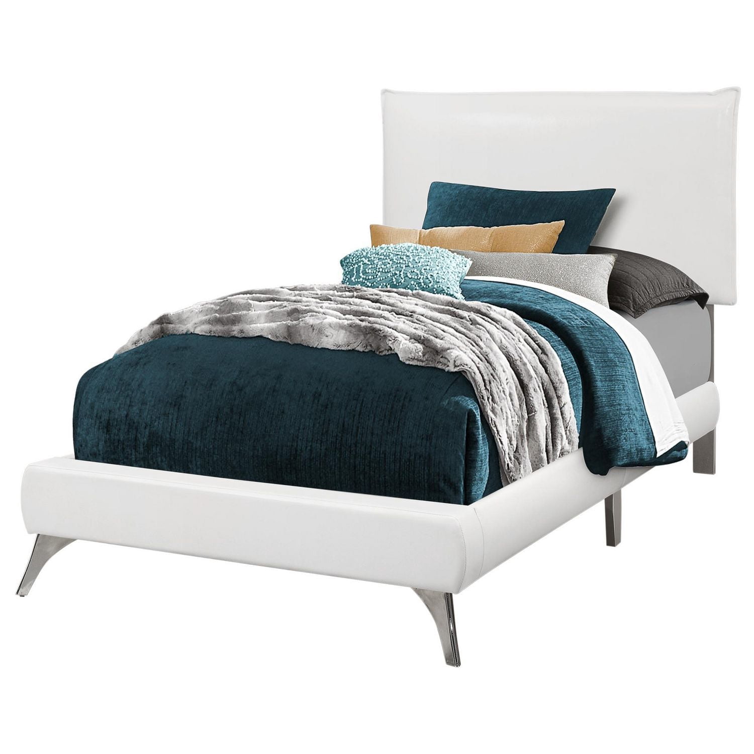 Monarch Specialties Bed, Twin Size, Platform, Teen, Frame, Upholstered, Pu Leather Look, Metal Legs, White, Chrome, Contemporary, Modern