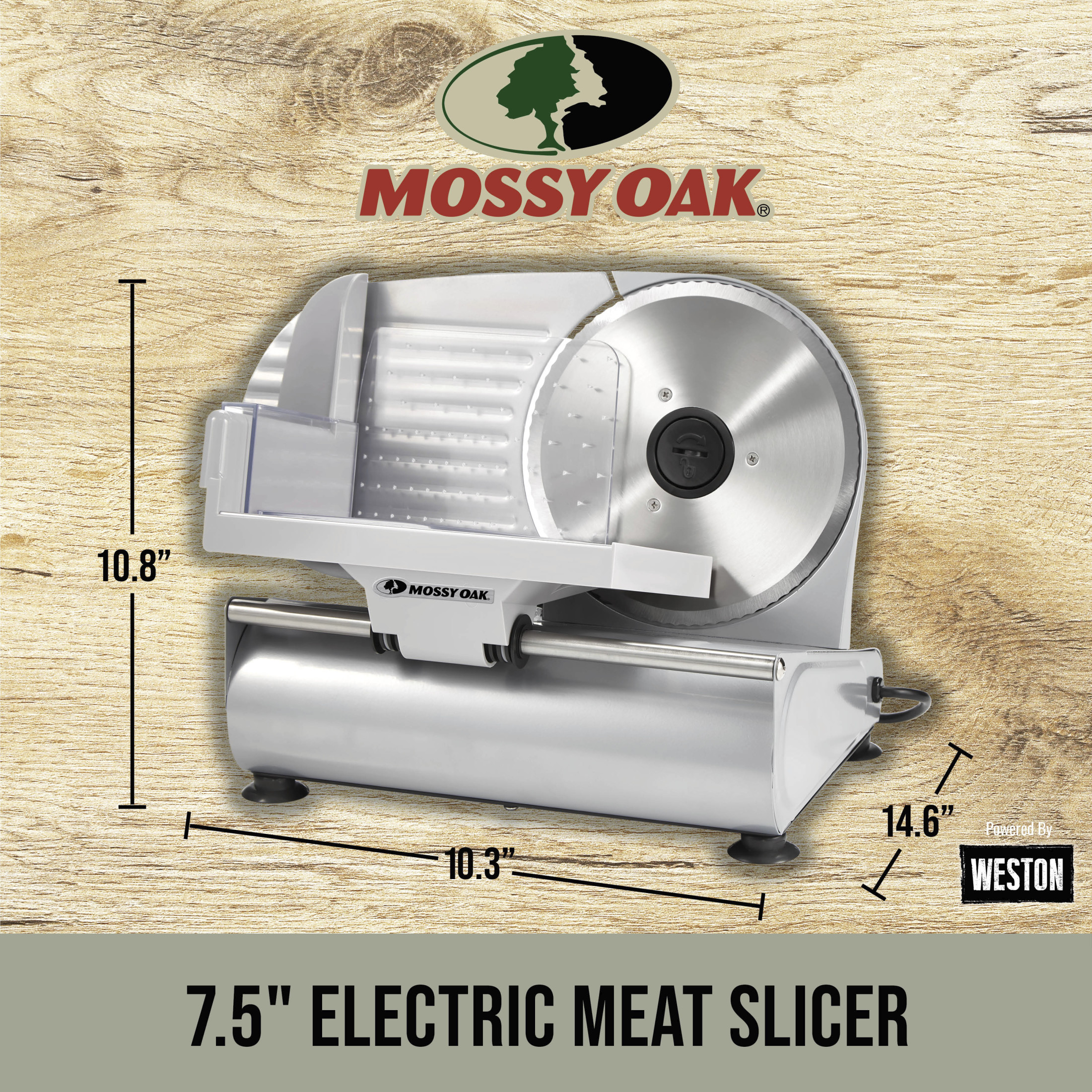 Mossy Oak 7.5 in. Stainless Steel Electric Meat Slicer, Adjustable Slice Thickness, with Food Pusher