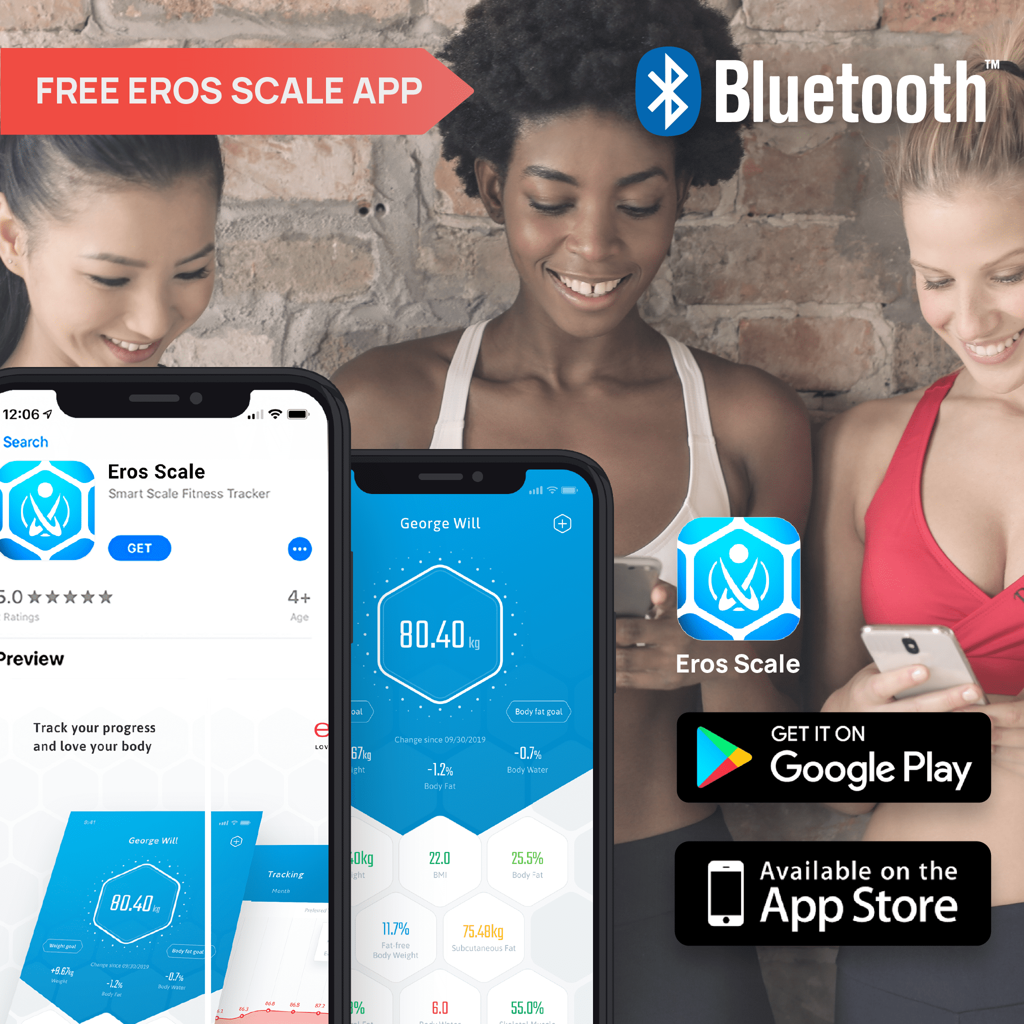 Eros Bluetooth Smart Body Fat Scale with Free Tracking Eros Scale APP - Black