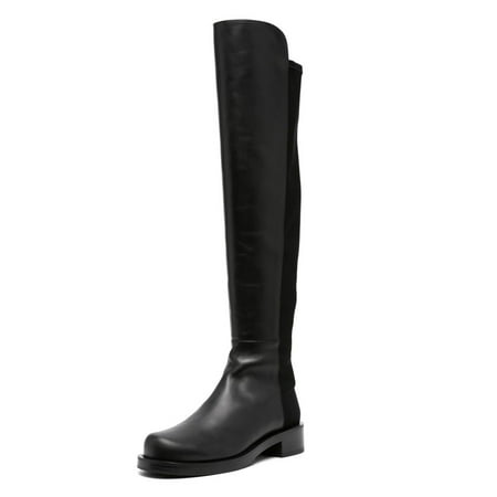 YDN Women Stretchy Pull On Round Toe Flats Knee High Boots Bi-Material Low Block Heel Long Boots Office Formal Shoes Size 14 Black
