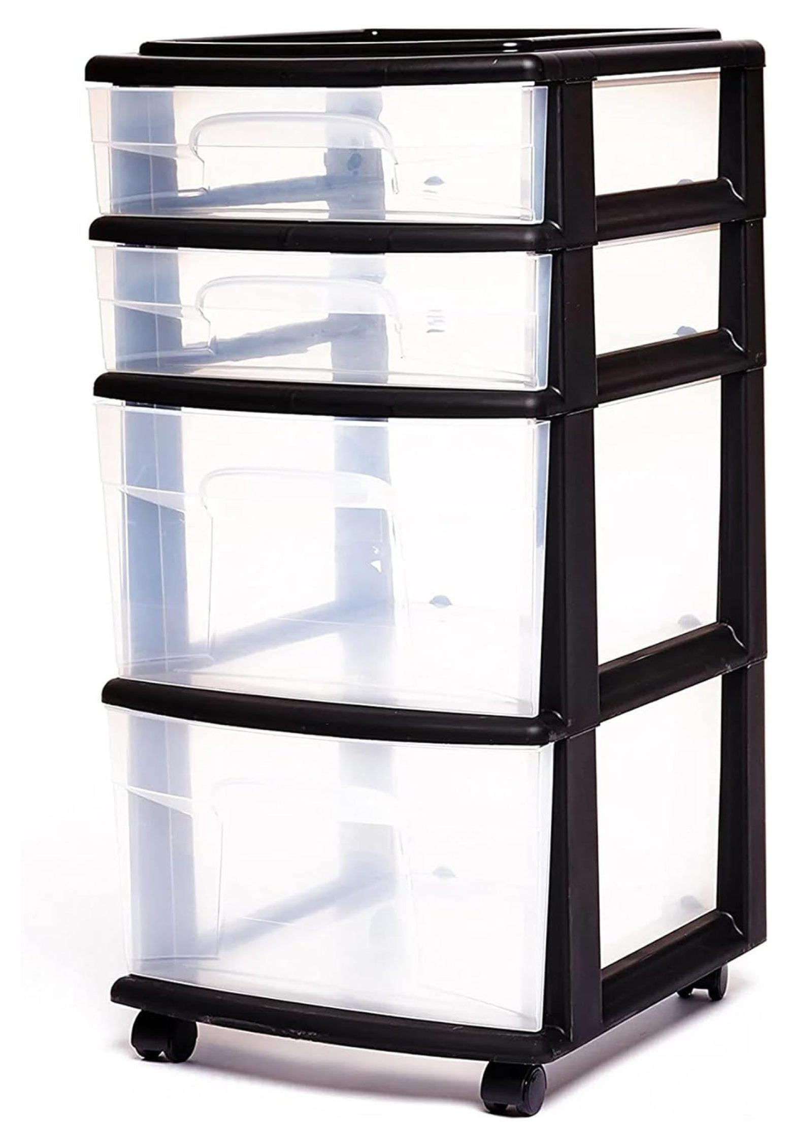 Exlonjet Plastic 4 Clear Drawer Medium Home Organization Storage Container Tower with 2 Large Drawers and 2 Small Drawers, Black Frame (2 Pack)