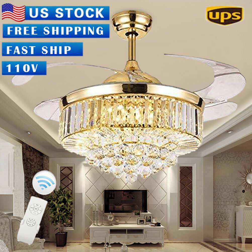 Details about   36/42" Retractable Crystal Ceiling Fan Light Living Room Lamp LED Chandelier Fan 