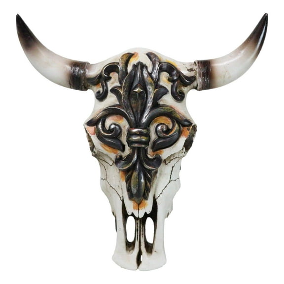 Rustic Western Tooled Fleur De Lis French Lily Emblem Cow Skull Wall Decor
