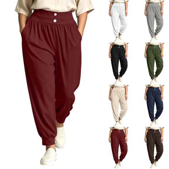 PWPSG Women's Harem Pants High Waist Button Cuffed Tapered Plus Size Casual Lounge Trousers with Pockets