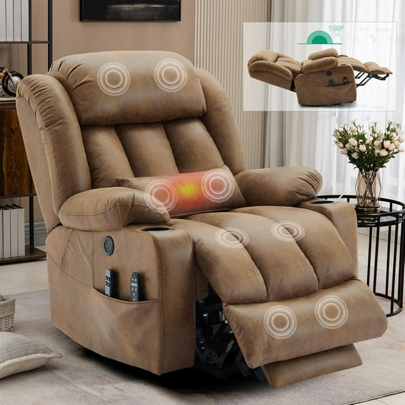 VIVIJASON Tall Man Large Dual Motor Power Lift Recliner Chair with Extended Footrest, Oversized Lay Flat Sleeper Electric Recliner W/Heat & Massage, Lumbar Pillow, USB & Type-C Ports, Brown