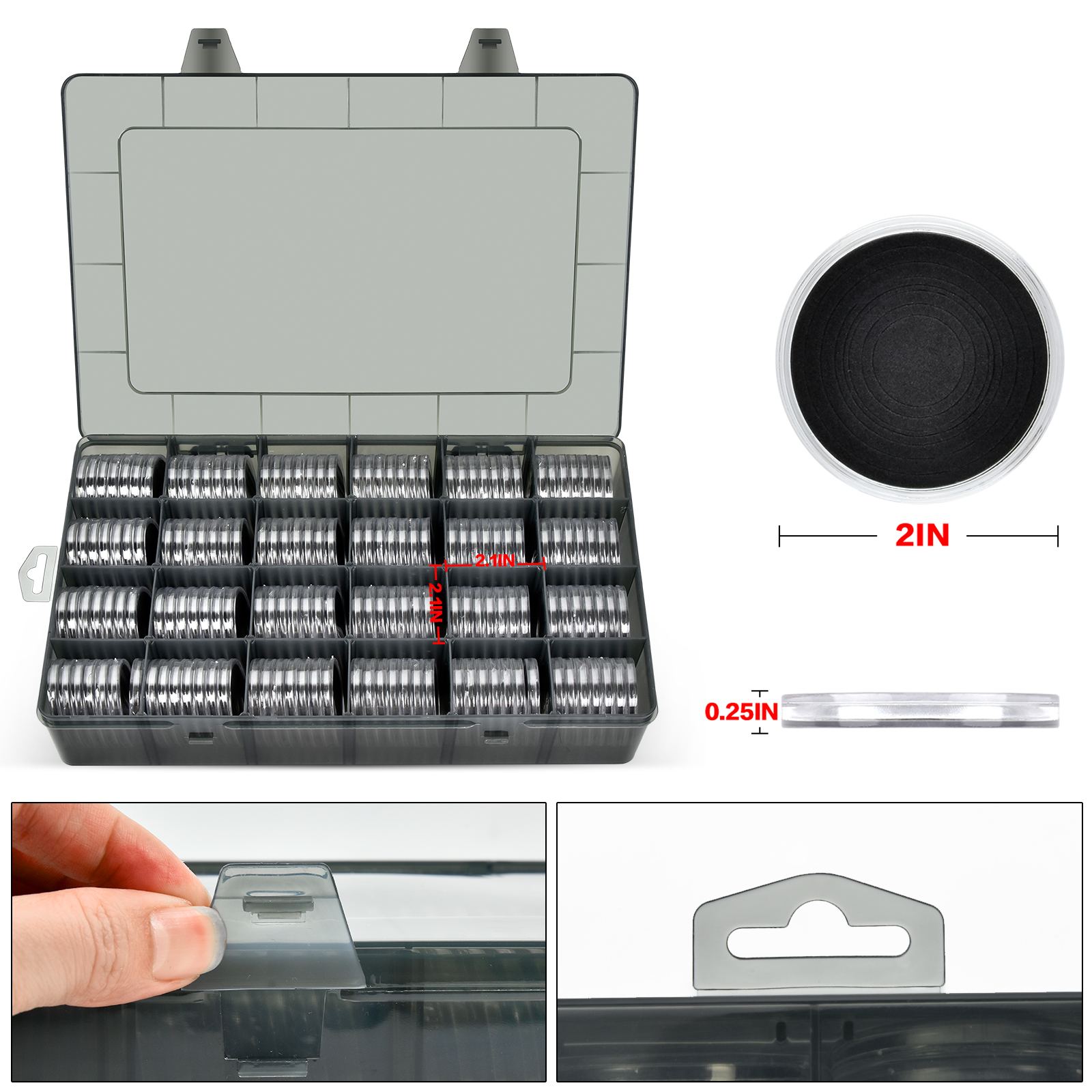 Fullcase 168 Pieces 46mm Coin Capsules with Foam Gasket, 6 Sizes (20/25/27/30/38/46mm) Coins Holder (Grey)