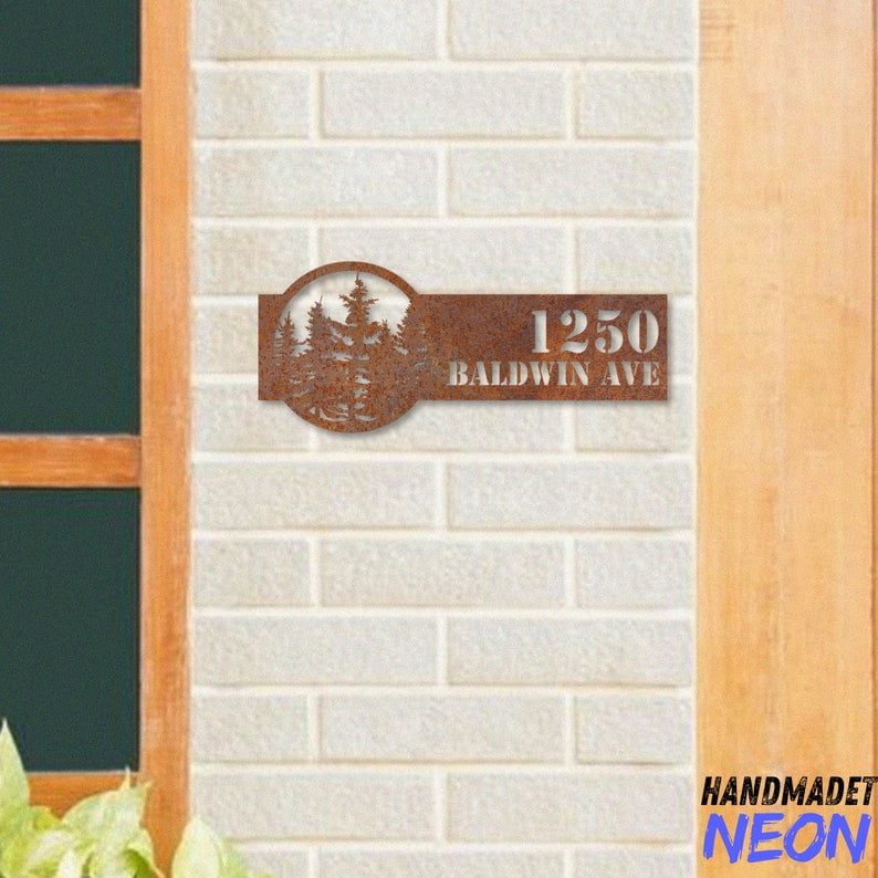 Handmadetneonsign Pine Tree House Number Metal Rusty, Forest Home Number Rusty, House Address Wall Decor 043968