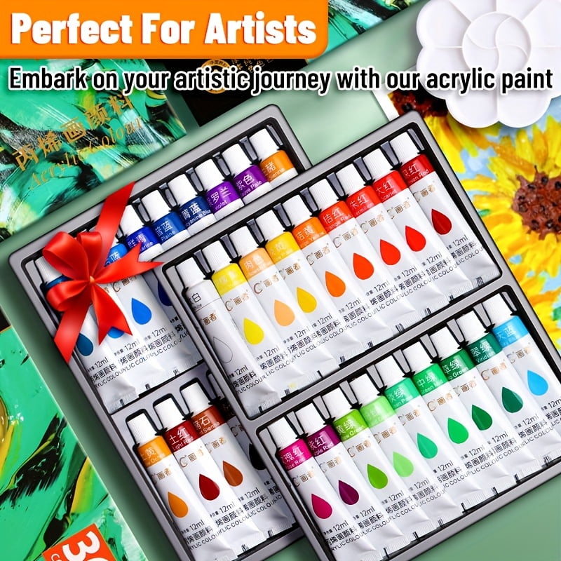 Acrylic Paint Set, 12/18/24/36 Colors, Fade-Resistant for Paper, Wood, Canvas, Rocks, Ceramics, Clothing & Wall Art. Artists & Hobbyists, 0.41oz Tubes