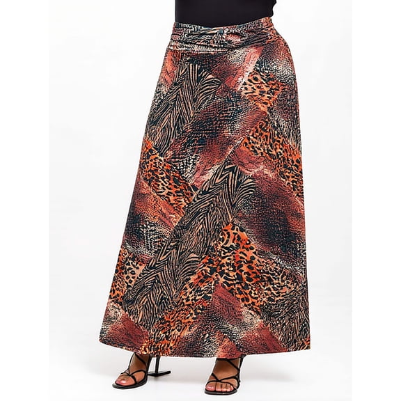 Plus Size Animal Buckle Waist A Line Maxi Skirt