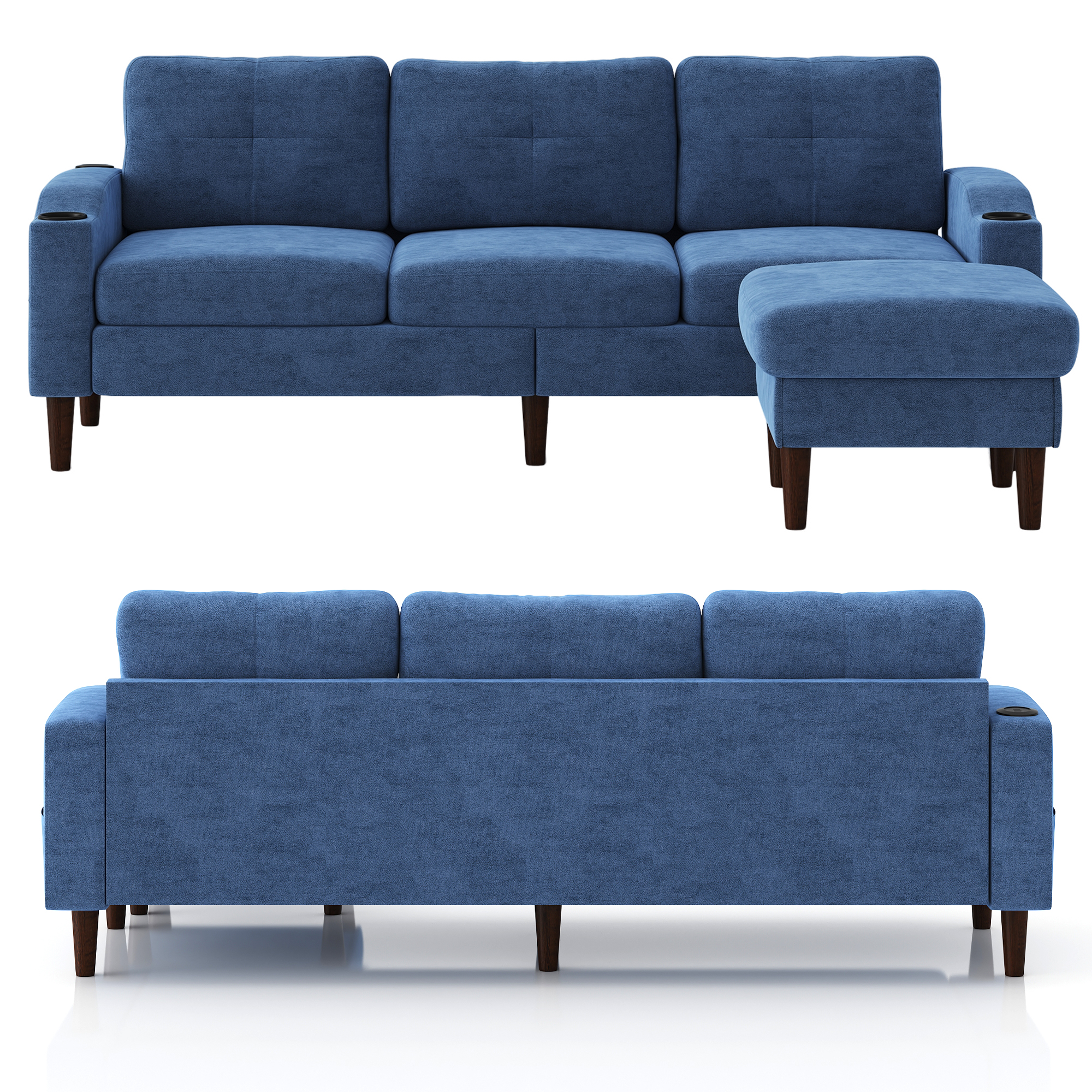 Aukfa L Shaped Sectional Sofa with USB Ports and Cup Holders, 78" 3 Seater Couch with Storage Ottoman, Blue