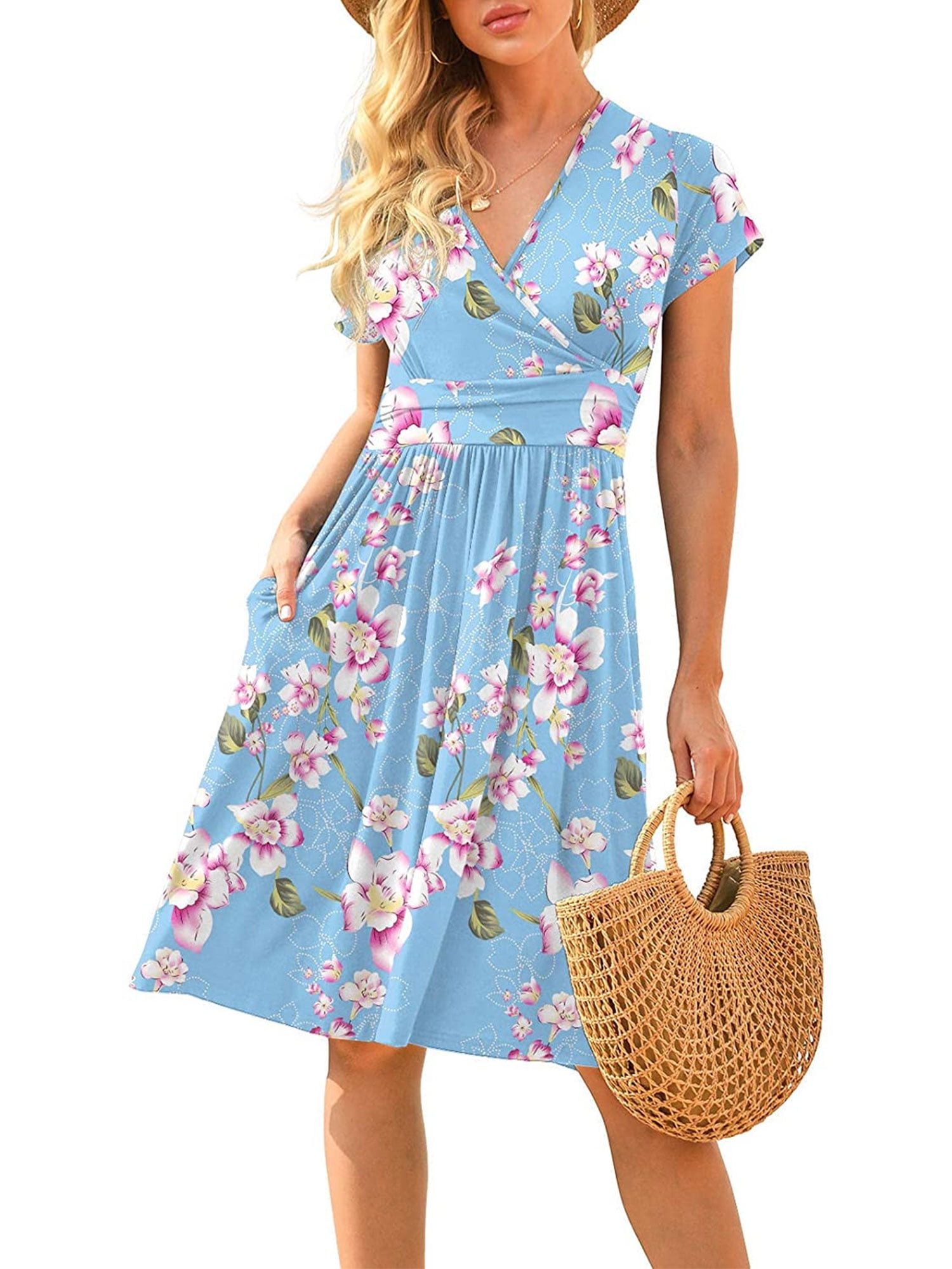 Womens V-Neck Floral Printed Ruched Midi Dress Summer Casual Swing ...