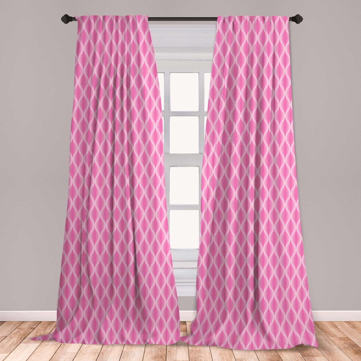 Pink and White Curtains 2 Panels Set, Pastel Ogee Motifs with Curved