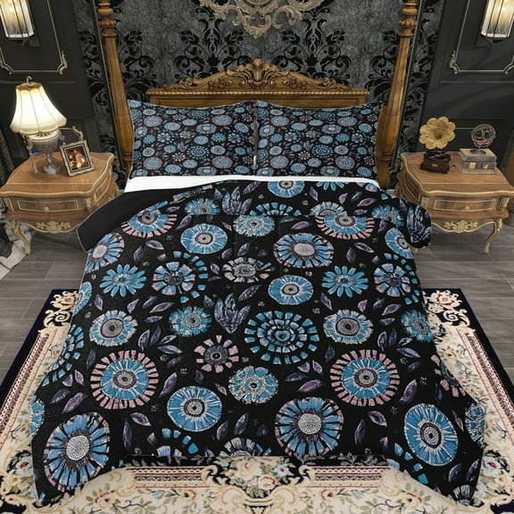 Homewish Western Tribal Floral Bedding Comforter Set, Black Blue Hippie Plant Twin Comforter Sets, Retro Boho Abstract Reversible Bedding Set, Lightweight Room Decor, 2-Piece