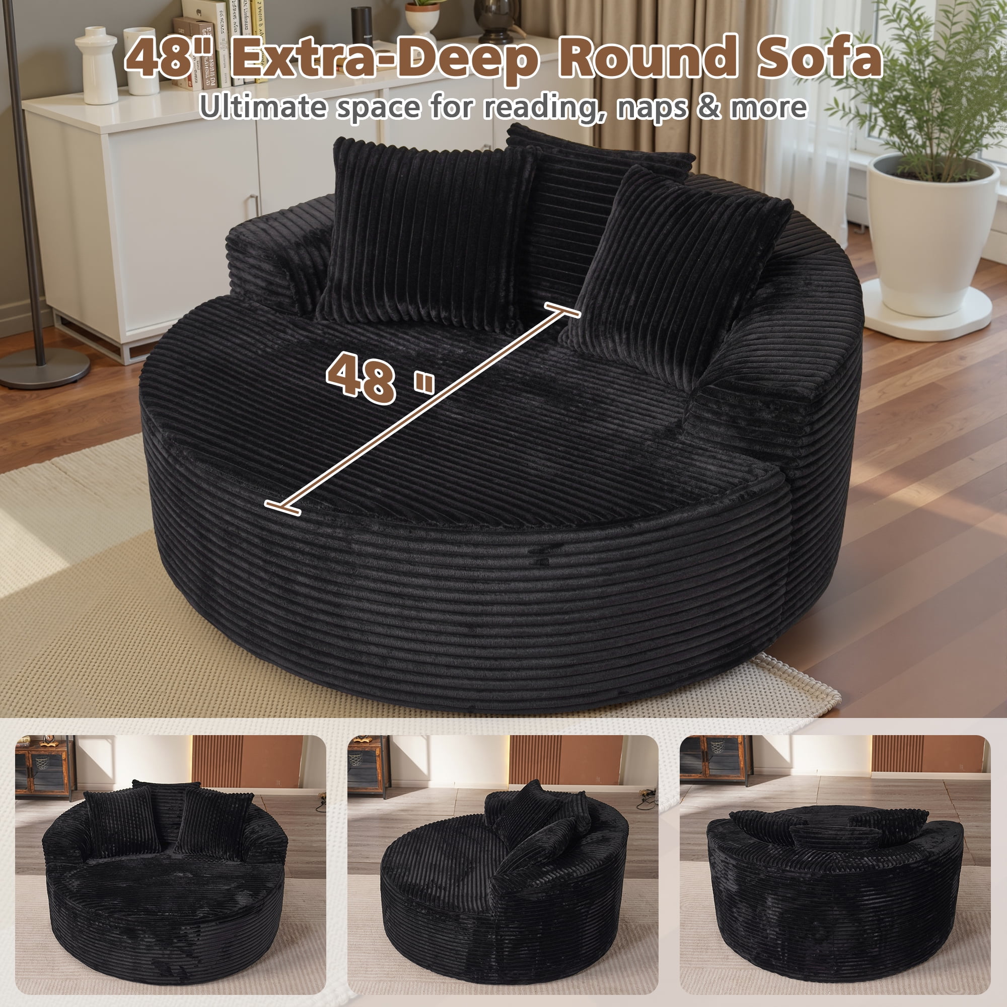 Ovios 58" Oversized Lounge Chair Round Cloud Deep Seat Accent Chair Plush Corduroy Boneless Sofa Chair for Living Room, Black