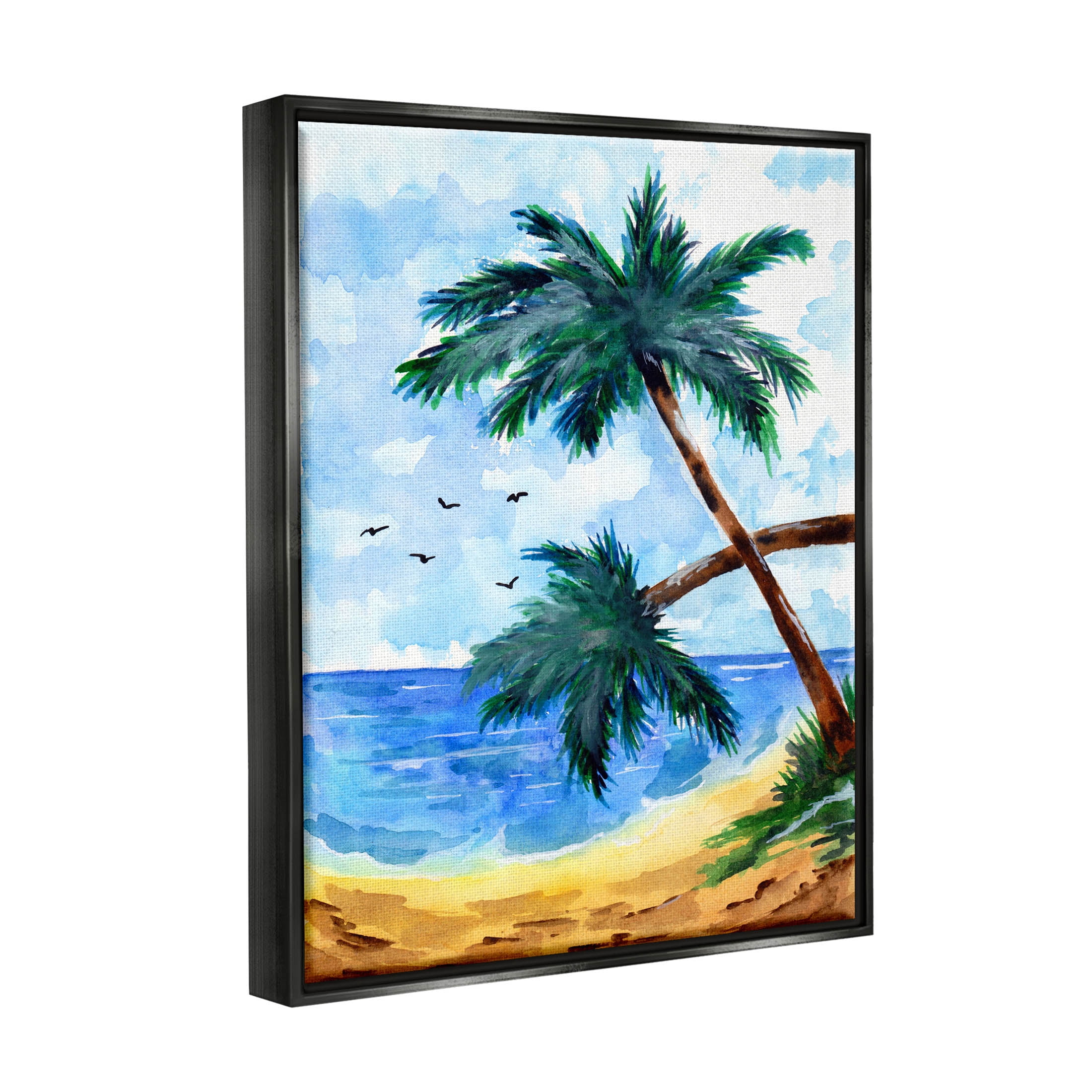 Tropical Beach Palms Birds Flying Coastal Painting Jet Black Framed Art Print Wall Art