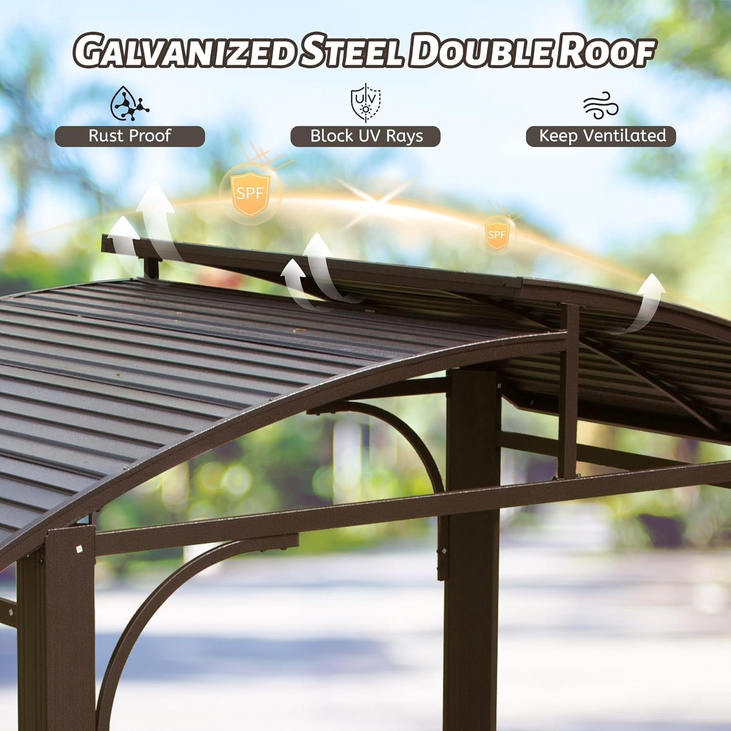 Domi Outdoor Living Hardtop Grill Gazebo 8x5FT, Grill Canopy for Outdoor Grill w/Double Galvanized Steel Roof and 2 Side Shelves, BBQ Gazebo Grill Tent for Patio Garden Backyard, Brown