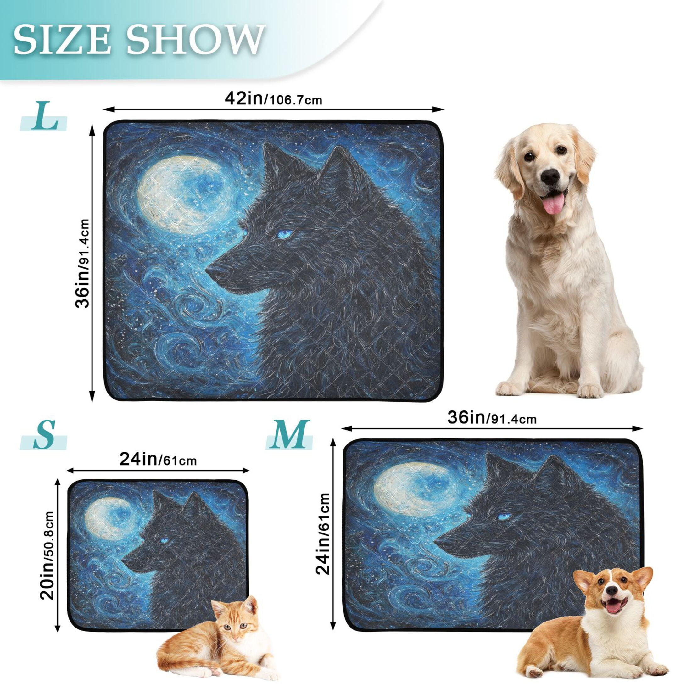 Qxltty Cool Black Wolf Cat litter Pads Pet Set of 3 Diaper Mats Center Anti-leakage Layer Absorbent Soft and Comfortable
