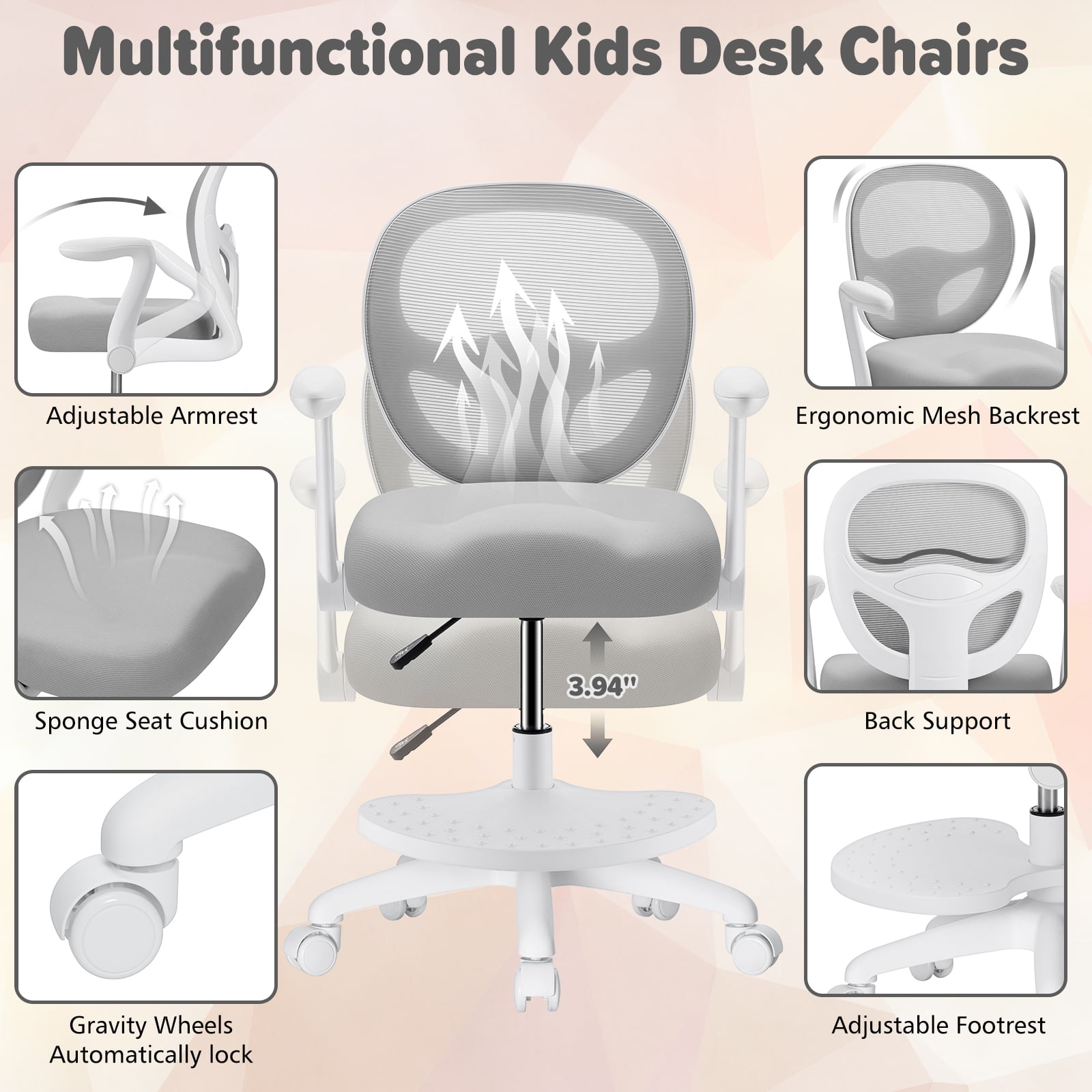 Hoffree Kids Desk Chair with Flipped Arms Wheels Ergonomic Study Chair with Footrest Adjustable Height Rolling Desk Chair for Teens Boys Girls in Study Room Grey