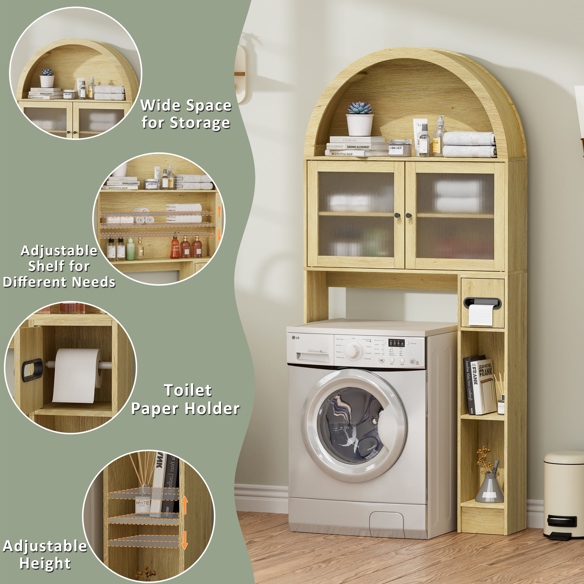 Over The Toilet Storage Cabinet, Over Toilet Cabinet 3-Tier Adjustable Shelves with Acrylic Doors, Freestanding Bathroom Organizer for Toiletries & Towels, Modern Arched Design Oak Wood