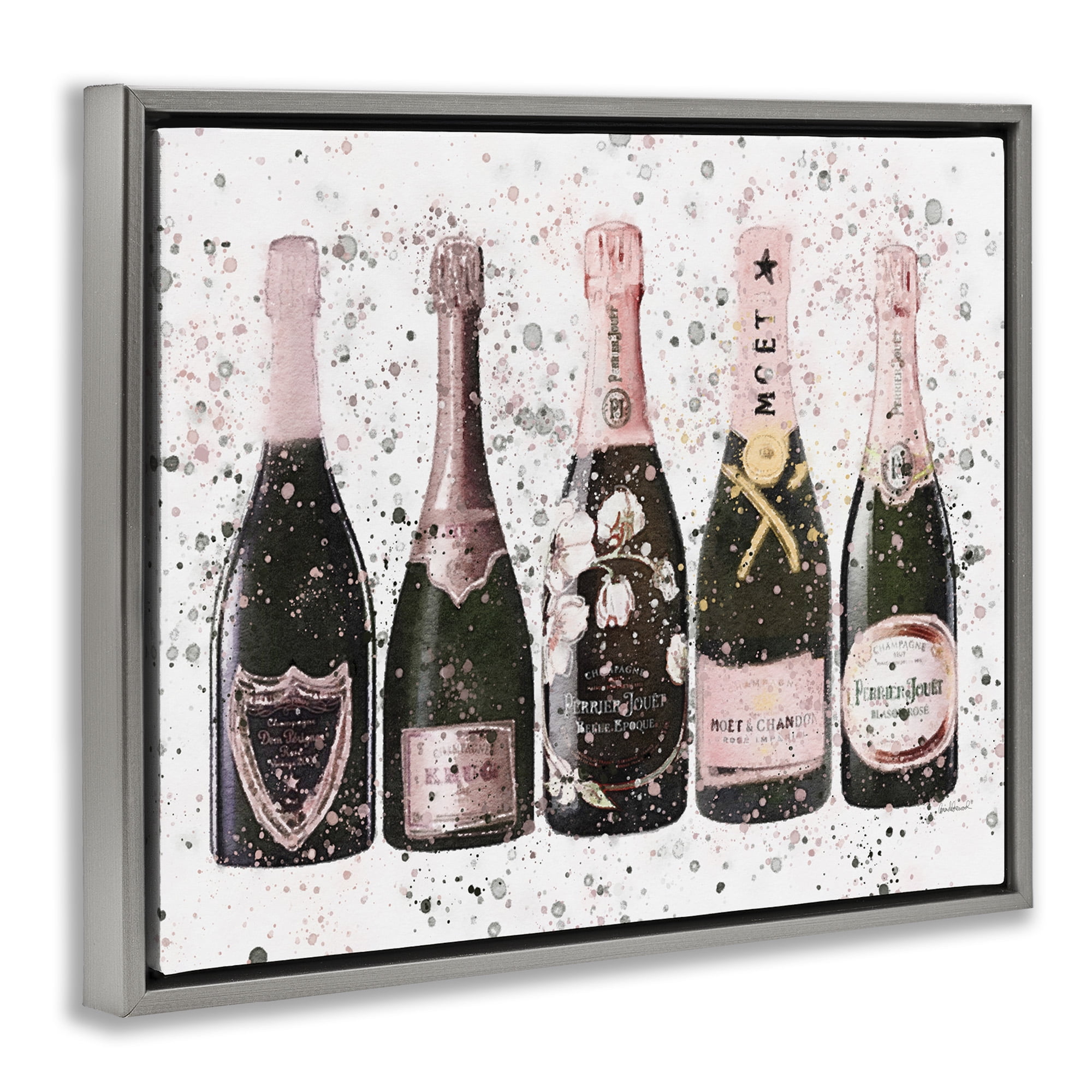 Stupell Industries Chic Pink Rose Bottles Food & Beverage Painting Gray Floater Framed Canvas Art Print Wall Art, 31 x 25