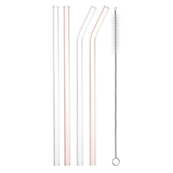 Unique Bargains Reusable Straws Glass Straw, 4Pcs Travel Tumbler Replacement Straw with Cleaning Brush, Transparent, Pink