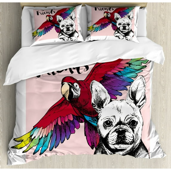 Modern Duvet Cover Set King Size, French Bulldog and Tropical Parrot Figure with Best Friends Phrase Portrait Design, Decorative 3 Piece Bedding Set with 2 Pillow Shams, Multicolor, by Ambesonne