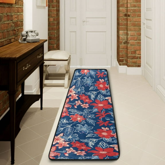 Ryvnso Blue and Red Tropical Flower Hallway Runner Rugs Floor Carpet Non Slip Entryway Mat 2' x 6'