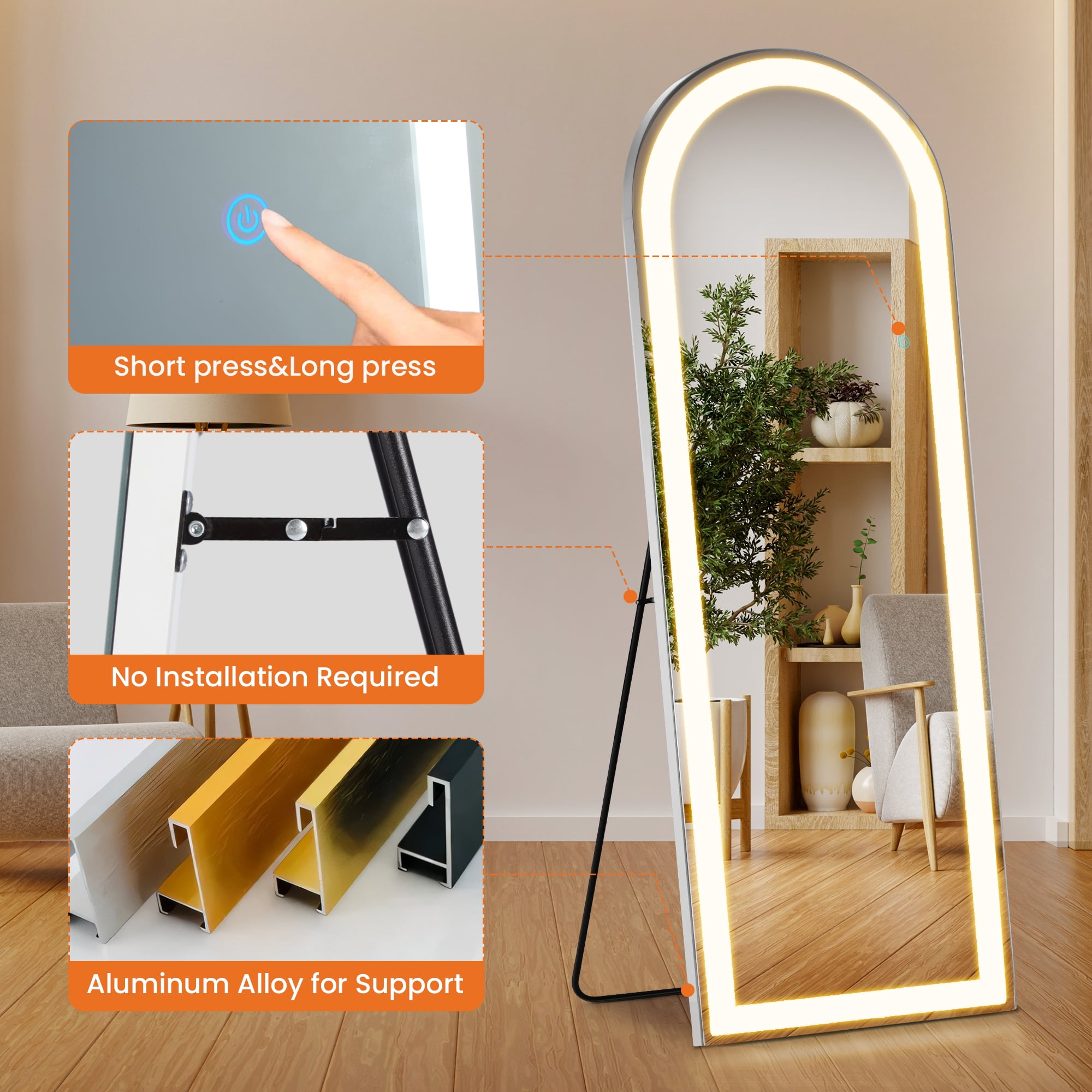 MAYEERTY 64"x21" LED Full Length Mirror, Floor Standing Mirror with Stand, Wall Mounted Hanging