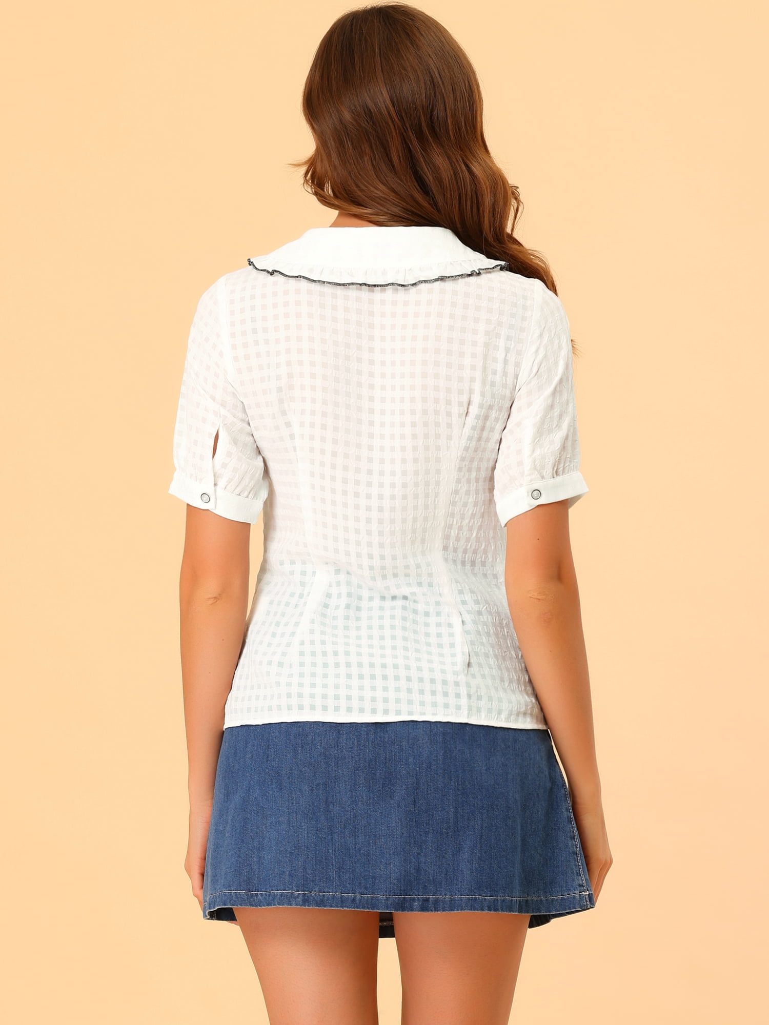 DARING DIVA Women's Peter Pan Collar Ruffled Trim Gingham Shirts Blouse M White