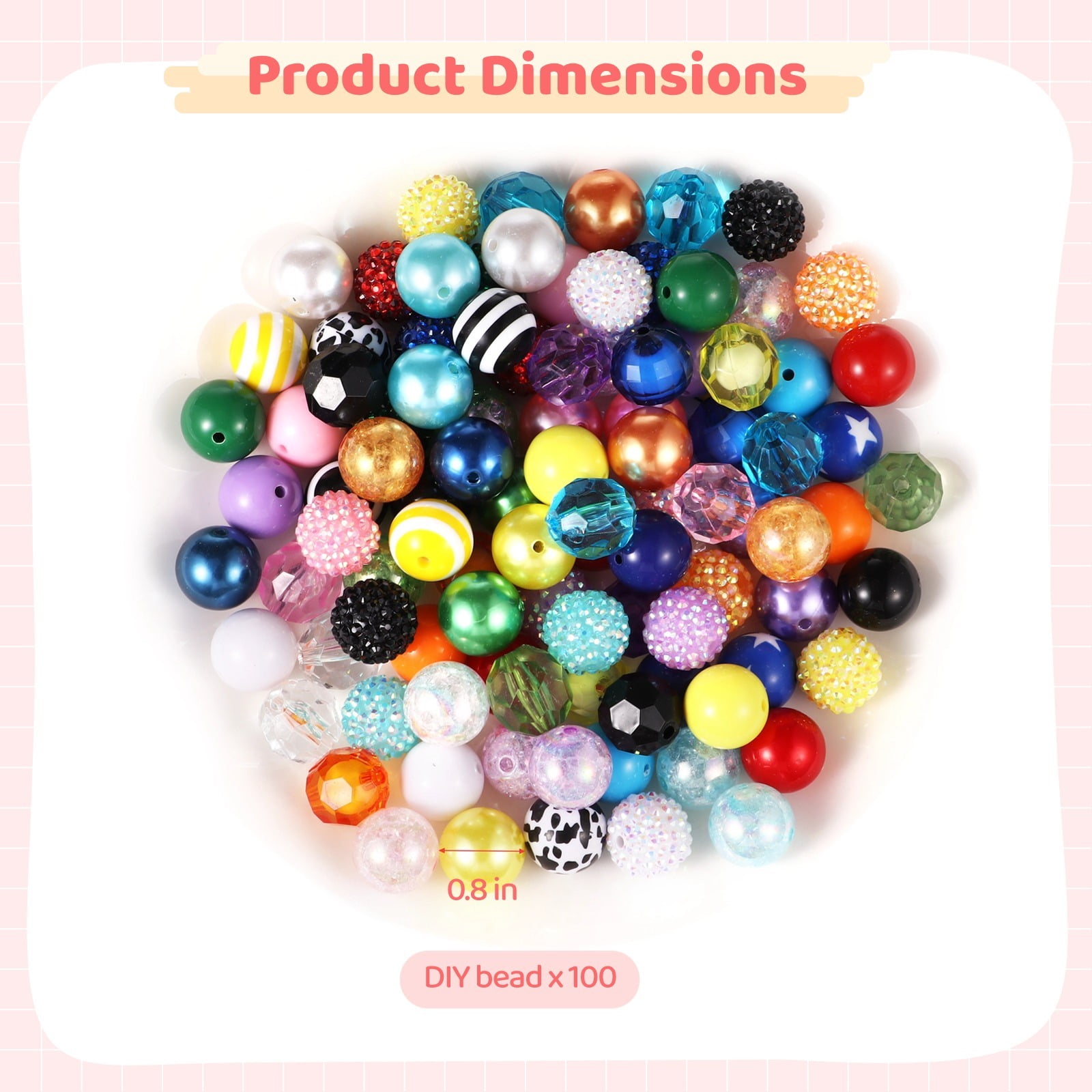 100 Pcs 20mm Beads for Pens,Rhinestone Bubblegum Beads Mixed Crystal Resin Sugar Chunky for Pens Beadable Keychains DIY Colorful Jewelry Beads DIY Making Supplies