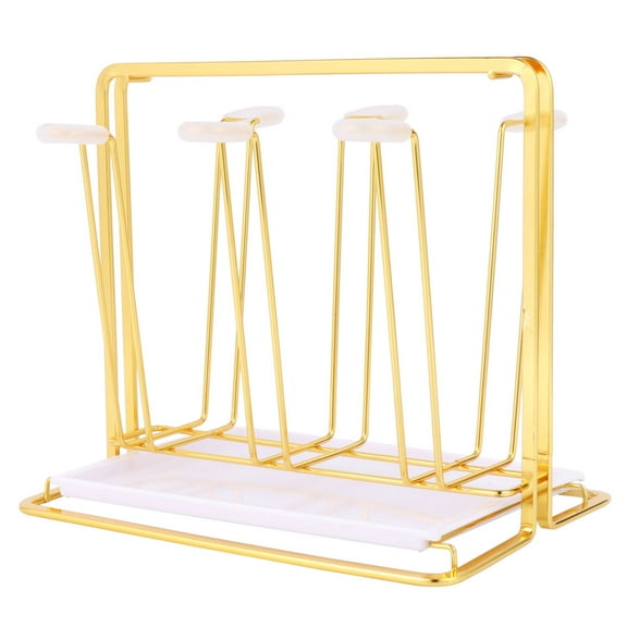 Cup Drying Rack with Drain Tray Drinking Bottle Drying Rack Stand with 6 Hooks Water Mug Drainer Stand with Non-slip Bottom for Home Bar Hotel Pub (Golden)