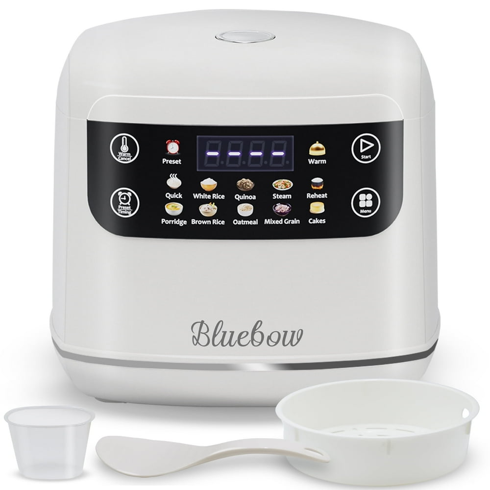 Bluebow Digital Rice Cooker, 6-Cup/2.1QT Small Rice Maker, 10 Presets, 24-Hour Delay Timer & Keep Warm, Non-Stick Inner Pot, White