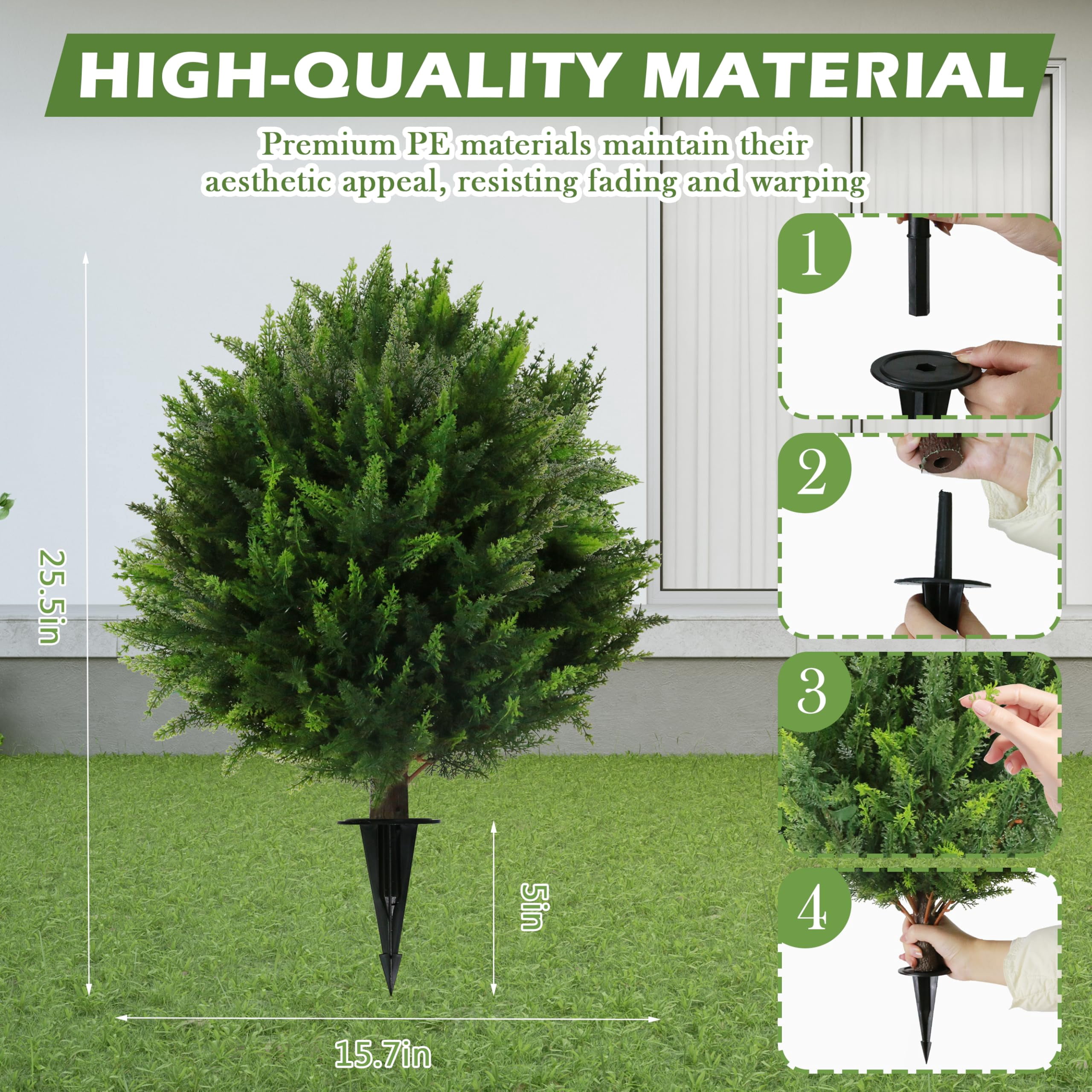 Bibana Artificial Cedar Topiary Ball Trees, Faux Cedar Shrub Bushes with Ground Spike 25.5", UV Resistant Fake Cedar Plants for Indoor, Garden, Yard, Porch, Patio Decor(set of 2)