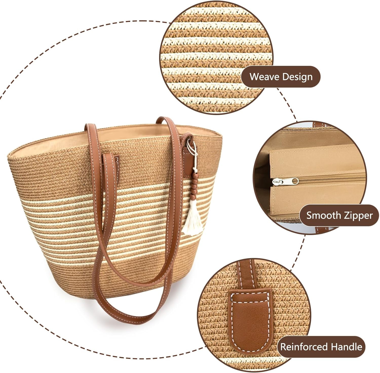 Straw Beach Tote Bag for Women, Large Woven Purse with Zipper for Summer Travel, Beach Vacation Shoulder Bag