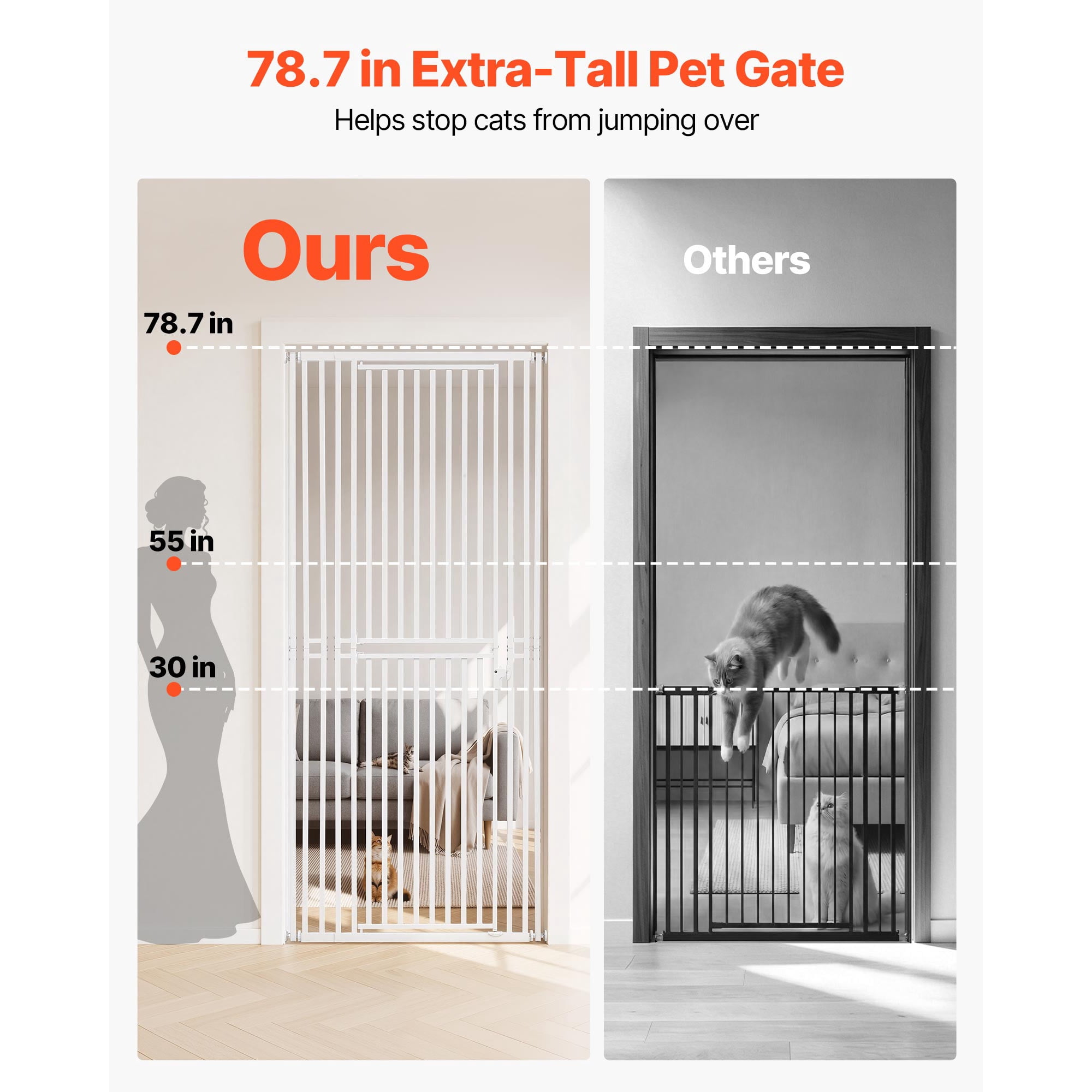 KFFKFF Extra Tall Pet Gate for Cats, Adjustable Width 28-34 in, 78.7 in High Dog Gate with Pressure and Wall Mount Kits, 1.2 in Narrow Bar Spacing, Suitable for Stairs, Doorways, and Home Use, Black