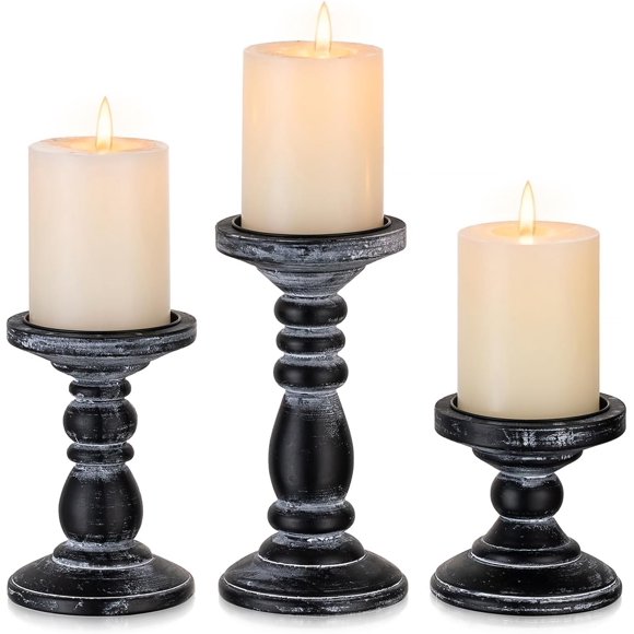 Inweder Wood Pillar Candle Holder: 3Pcs Rustic Black Candle Holders for Pillar Candles Wood Candle Holders Distressed Wooden Farmhouse Candle Holder Large Rustic Candle Holder for Fireplace Table