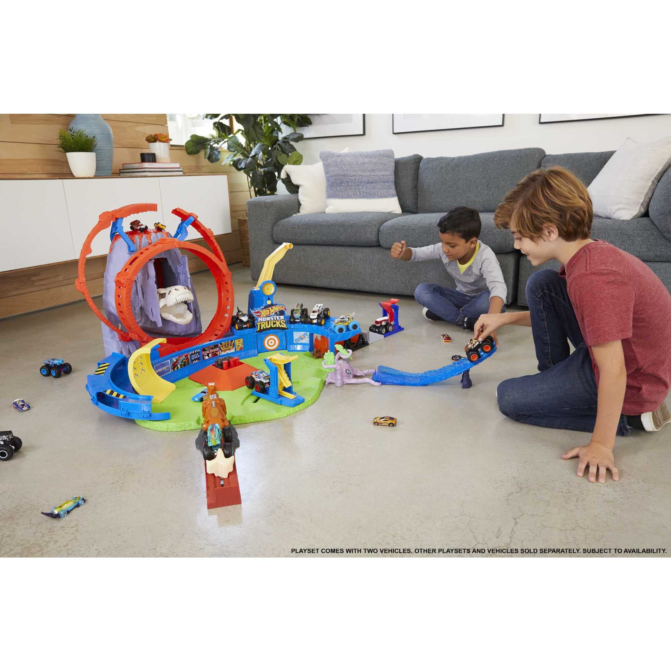 Hot Wheels Monster Trucks T-Rex Volcano Arena Playset with 1 Toy Truck & 1 Toy Car