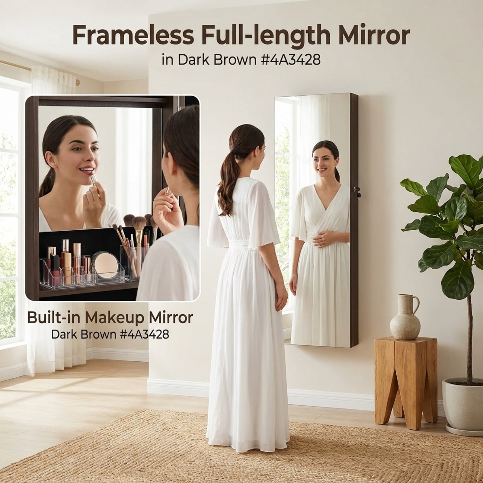 Furnibear 43.5 Inch Jewelry Mirror Cabinet with Full-length Mirror and Adjustable Hangers for Bedroom Dressing Room Jewelry Necklace, Dark Brown