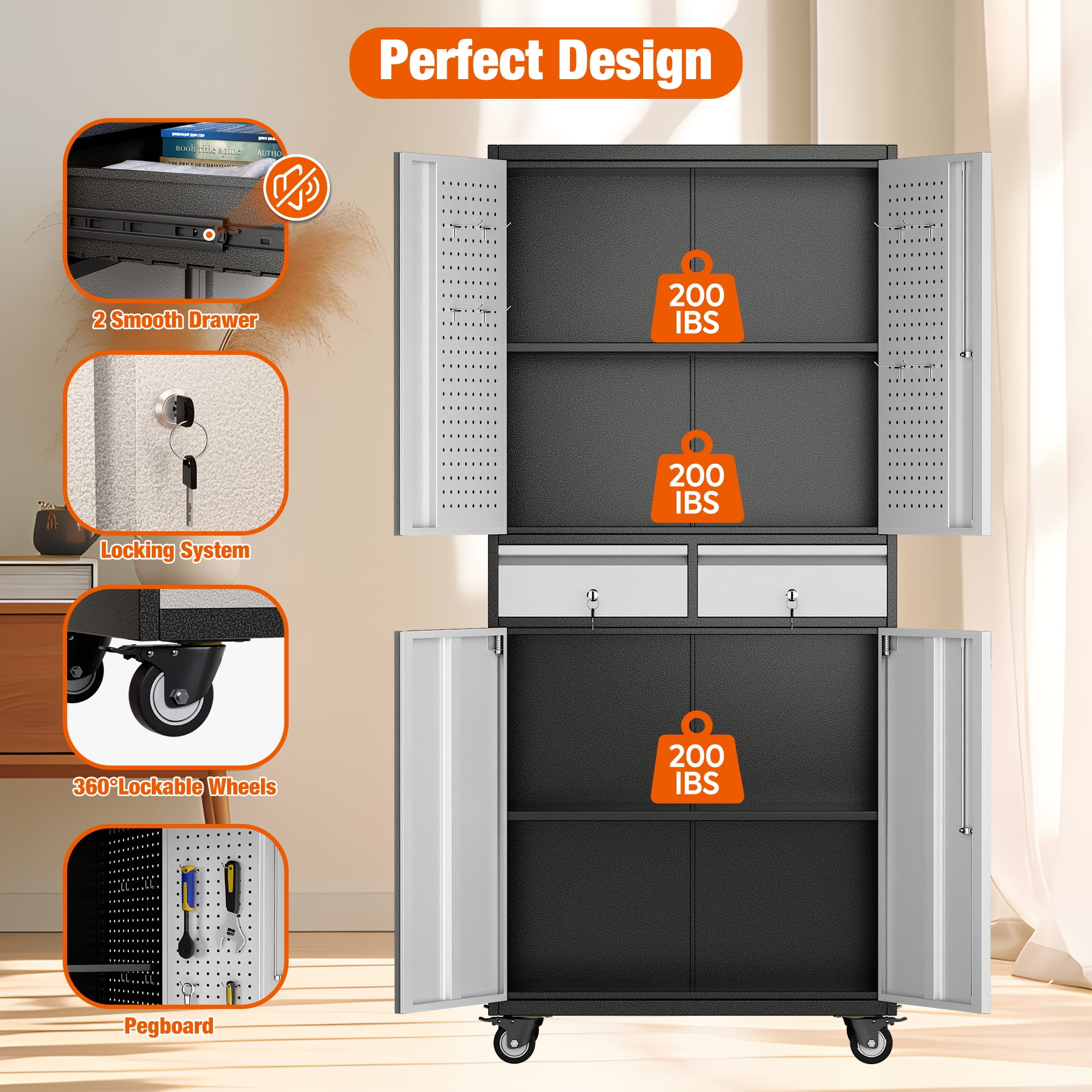 Aobabo Metal Storage Cabinet with Wheels and Adjustable Shelves,Steel  Rolling Tool Storage Cabinet with Locking Doors and 2 Drawer for Garage,  Homes, Offices,Schools,Assembly Required - Walmart.com, image size:2000x2000