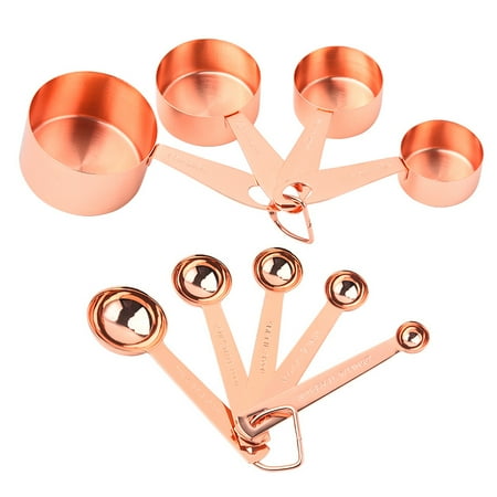 

9-piece Set Of Kitchen And Baking Measuring Cups And Spoons Stainless Steel Copper Chrome With Engraved Measurements