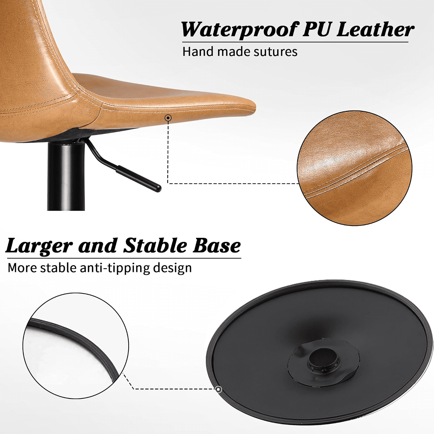 Waleaf Set of 4 Modern Swivel PU Leather Bar Stools, Adjustable Height Kitchen Counter Height Chairs with Back and Footrest, PU Leather Upholstered Dining Chairs for Kitchen Island