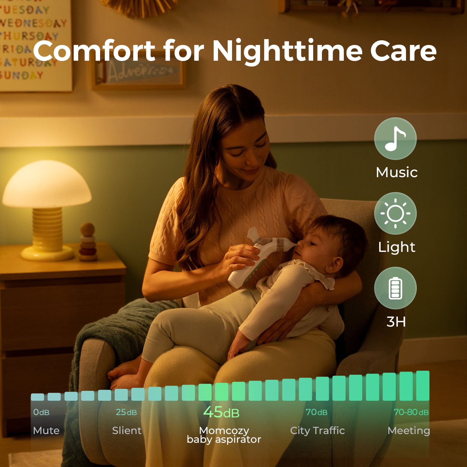 Momcozy BreezyClear™ 2-in-1 Electric Nasal Aspirator with Spray, Nasal Aspirator for Baby, 65kPa Nose Sucker with 4 Adjustable Suction Levels, Portable Electric Nose Cleaner, Light & Music Soothing