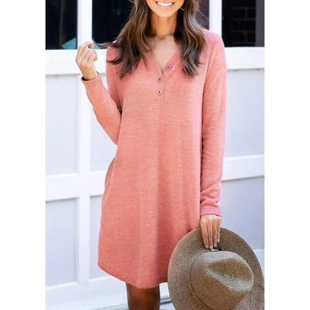 

Women S Long-Sleeved Nightgown Autumn and Winter Pocket Buttons Solid Color Casual Loose Long-Sleeved Dress